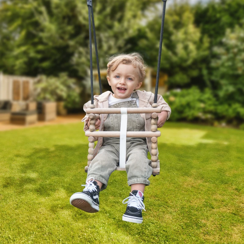 Columpio-bebé-madera-natural-Cuerda-regulable-correa-segura
